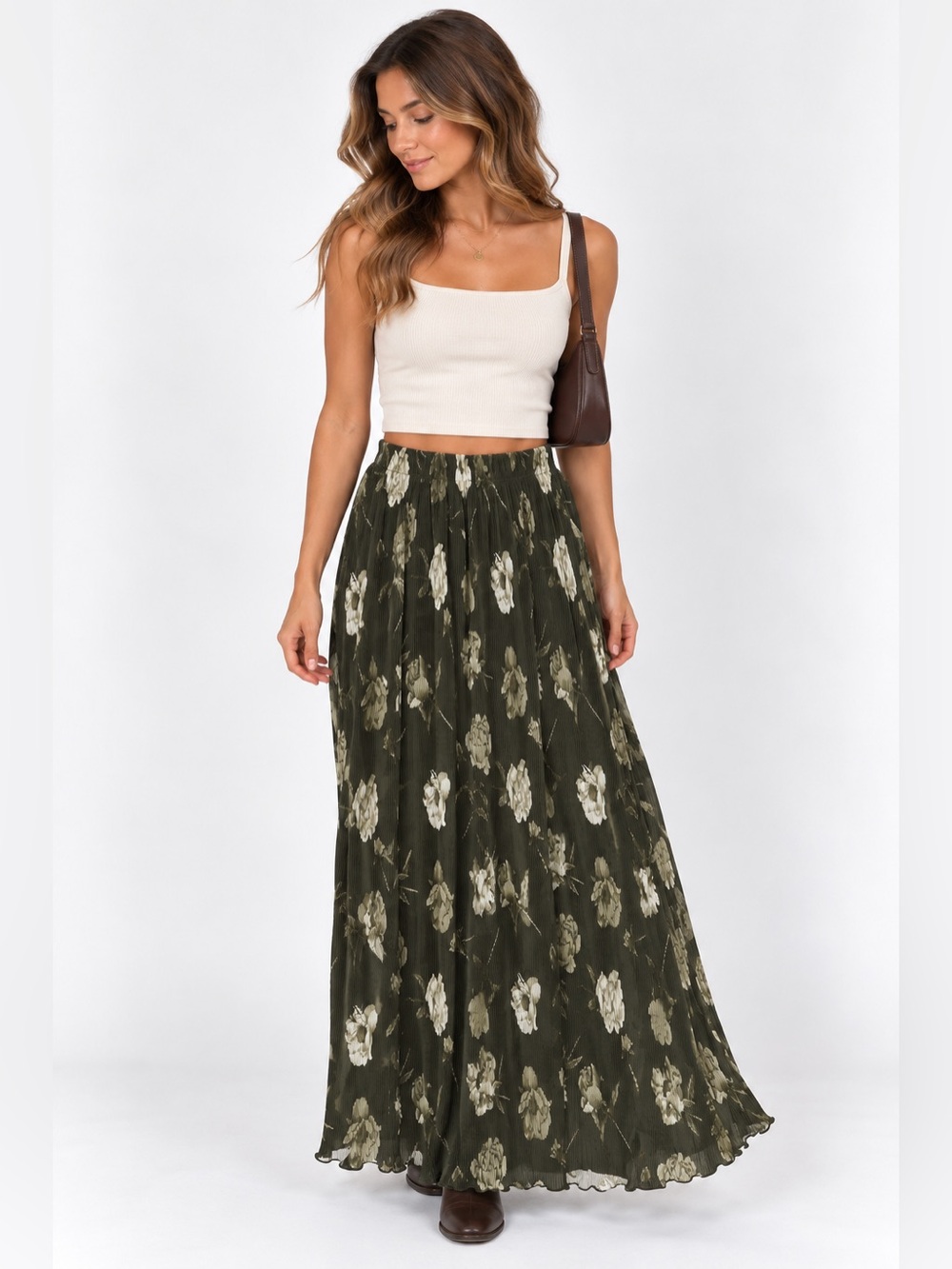 Vintage Blair Boutique Olive Floral Pleated Maxi Skirt Size Large